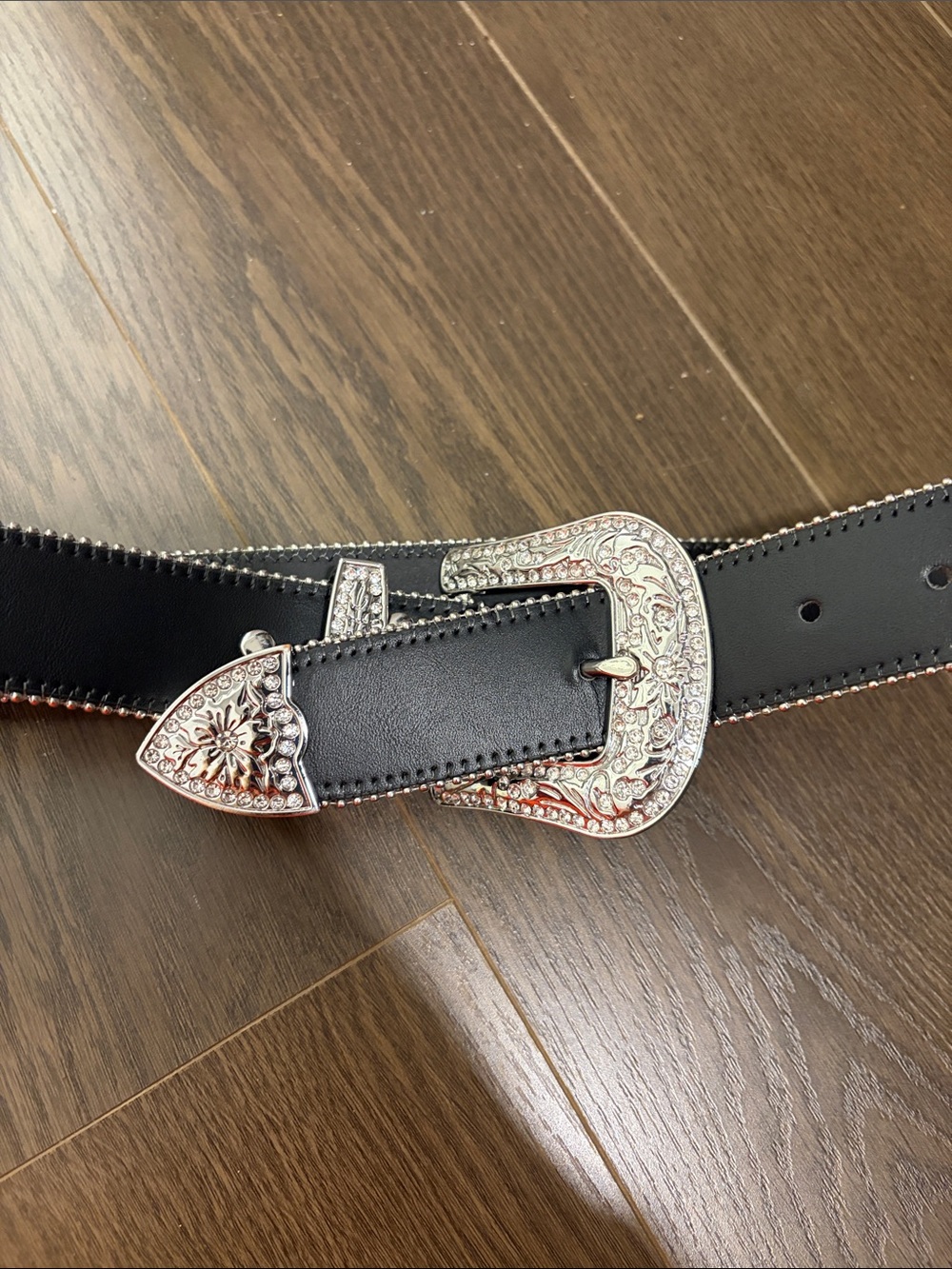 Urban Outfitters Black Western-Style Belt with Ornate Silver Buckle